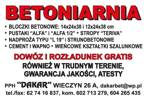 PPH "DAKAR" Wieczyn Betoniarnia / Bloczki Betonowe / Pustaki / Stropy / Nadproża / Cement i Wapno