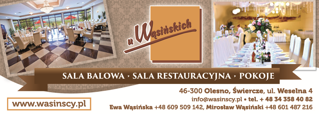 Kompleks Gastronomiczno-Rekreacyjny u Wąsińskich Olesno Sala Balowa / Sala Restauracyjna / Pokoje