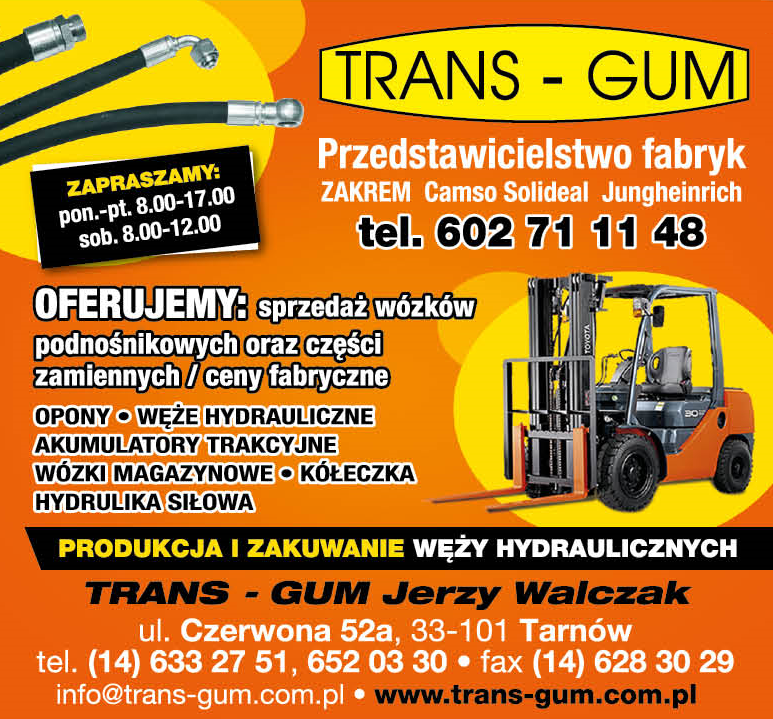 TRANS-GUM Jerzy Walczak Tarnów Wózki Podnośnikowe / Opony / Węże Hydrauliczne / Hydraulika Siłowa