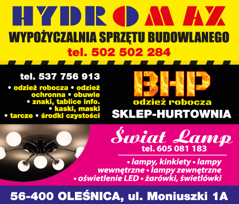 HYDROMAX Przemysław Krygiel Oleśnica Wypożyczalnia Sprzętu Bud. / Odzież Robocza BHP / Świat Lamp