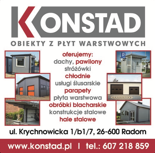 KONSTAD OBIEKTY Z PŁYT WARSTWOWYCH- DACHY - PAWILONY- CHŁODNIE- GARAŻE - KONSTRUKCJE STALOWE -HALE