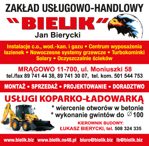 Zakład Usługowo-Handlowy "Bielik" Mrągowo- Instalacje C.O.wod.-kan. i gazu, MONTAŻ- SPRZEDAŻ
