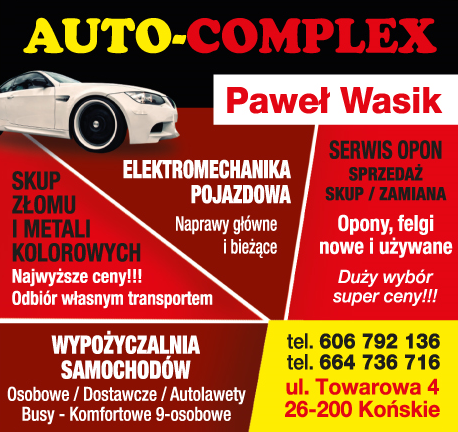 AUTO-COMPLEX Paweł Wasik Końskie Elektromechanika Pojazdowa/ Serwis Opon/ Skup Złomu/ Wypożyczalnia