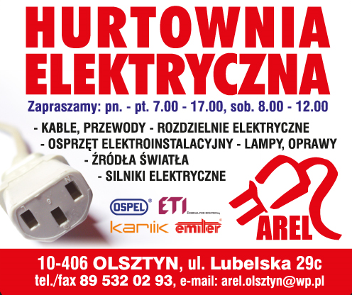 AREL HURTOWNIA ELEKTRYCZNA Olsztyn- KABLE, PRZEWODY - ROZDZIELNIE ELEKTRYCZNE - OSPRZĘT ELEKTROINST.
