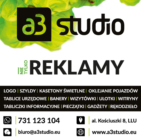 A3 STUDIO s.c. Łuków Logo / Szyldy / Oklejanie Pojazdów / Banery / Wizytówki / Pieczątki / Gadżety