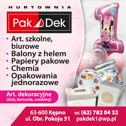 HURTOWNIA PAK-DEK Kępno Art. Szkolne i Biurowe / Balony z Helem / Art. Dekoracyjne / Papiery Pakowe