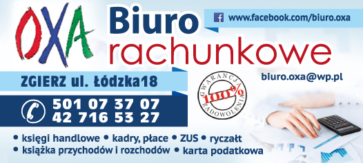Biuro Rachunkowe "OXA" Zgierz Księgi Handlowe / Kadry, Płace / ZUS / Ryczałt