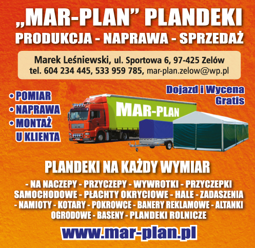 "MAR-PLAN" Marek Leśniewski Zelów Plandeki Na Każdy Wymiar / Produkcja / Naprawa / Sprzedaż