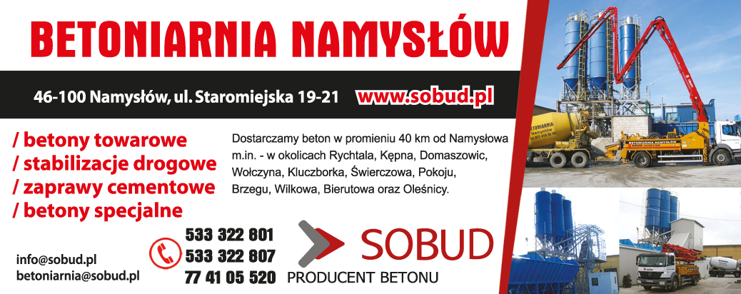 SOBUD Sp. z o.o. Namysłów Betony Towarowe/ Stabilizacje Drogowe/ Zaprawy Cementowe/ Betony Specjalne