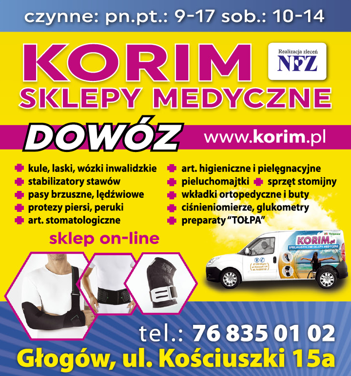 KORIM Sklepy Medyczne Głogów Kule/ Laski/ Wózki Inwalidzkie/ Stabilizatory Stawów/ Art. Higieniczne