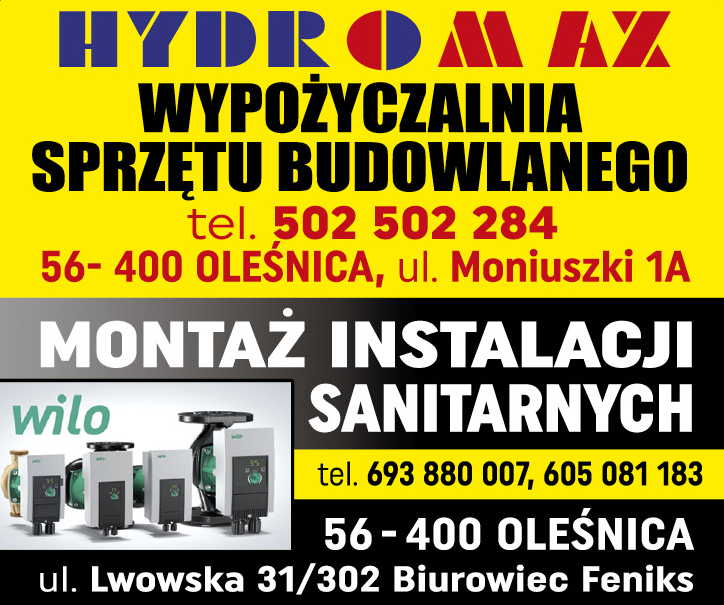 HYDROMAX Oleśnica Wypożyczalnia Sprzętu Budowlanego / Montaż Instalacji Sanitarnych