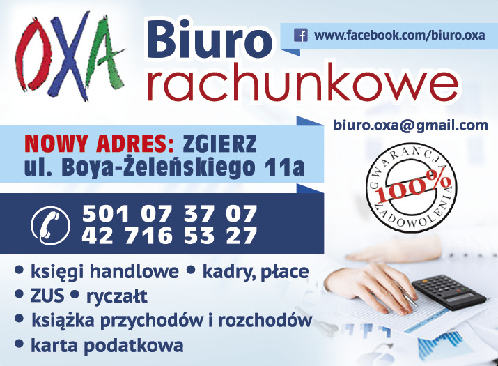 "OXA" Biuro Rachunkowe Zgierz Książka Przychodów i Rozchodów / Karta Podatkowa