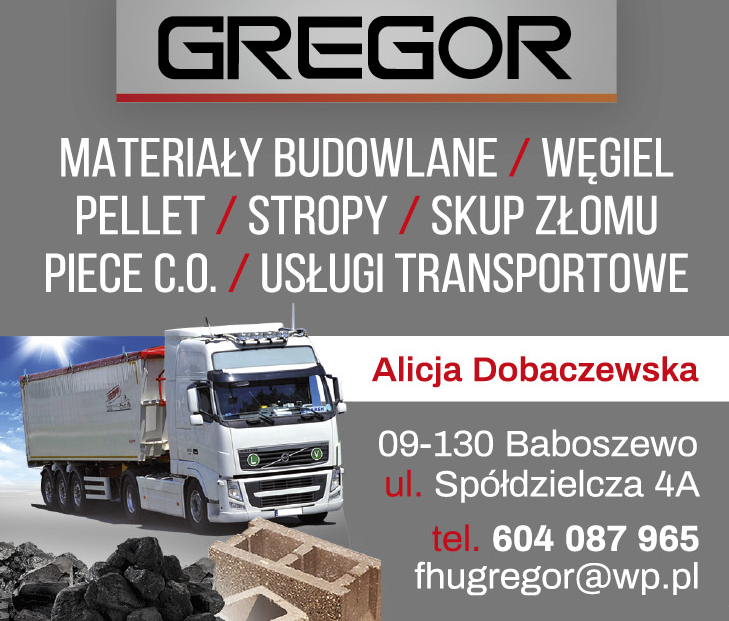 F.H.U. GREGOR Alicja Dobaczewska Baboszewo Materiały Budowlane / Węgiel / Pellet / Skup Złomu