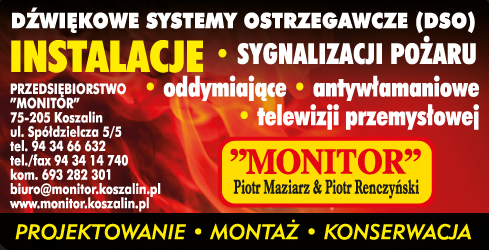 "MONITOR" Piotr Maziarz & Piotr Renczyński Koszalin Dźwiękowe Systemy Ostrzegawcze / Instalacje